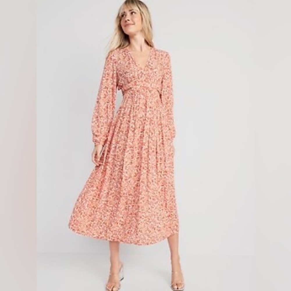 Old Navy Long Sleeve Floral -Waist-Defined Crepe Side-Cutout Maxi Dress Sz XL